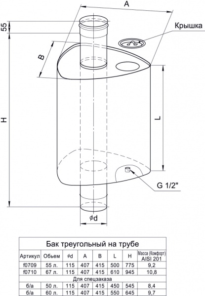 Бак "Каспий" треугольный на трубе 51л. Ф115